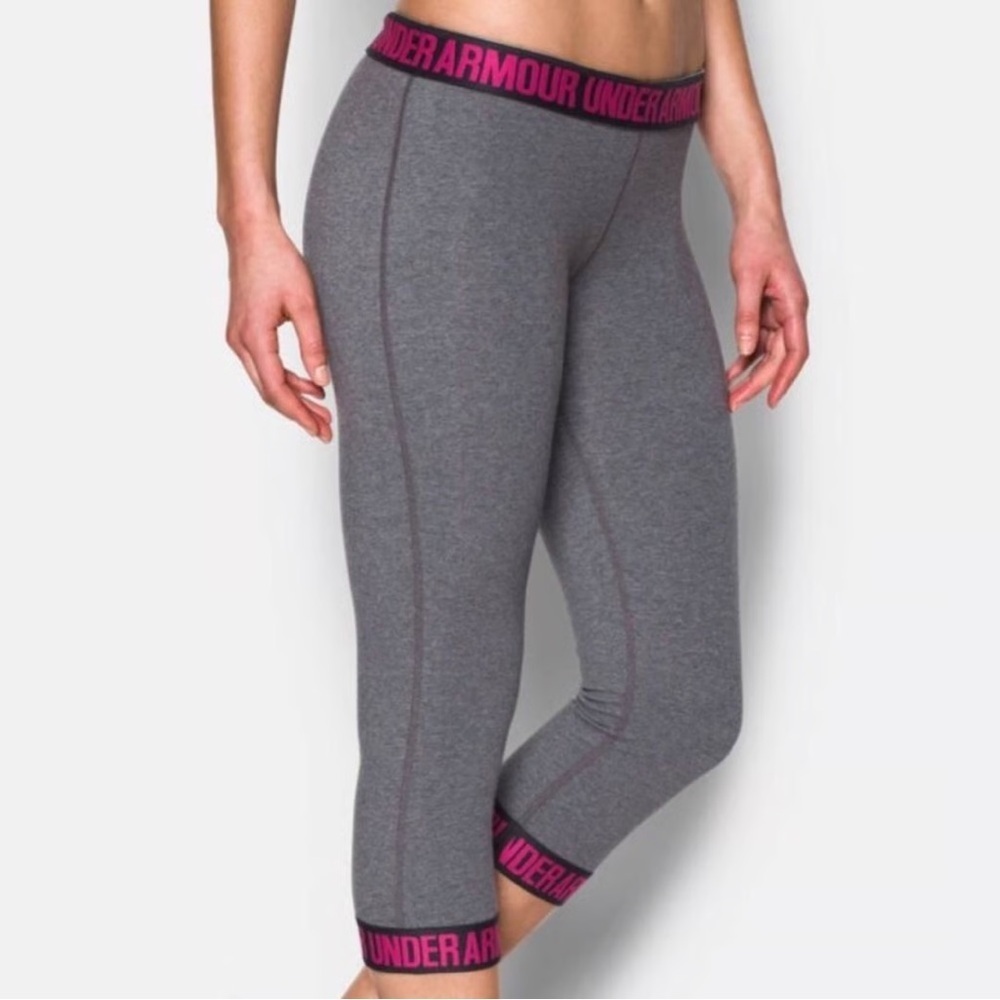 Under Armour Women’s Crop Gray Leggings Pink Breast Cancer Awareness details XS